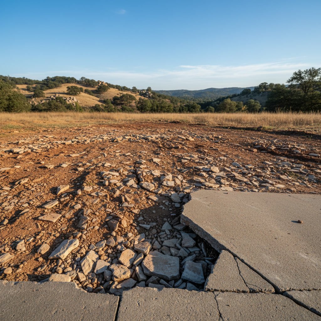 Close-up of concrete driveway cracks caused by soil movement in El Dorado County