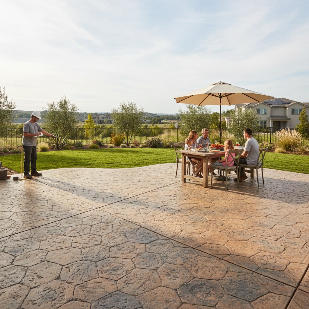 stamped concrete patio installation in El Dorado Hills showing pattern detail