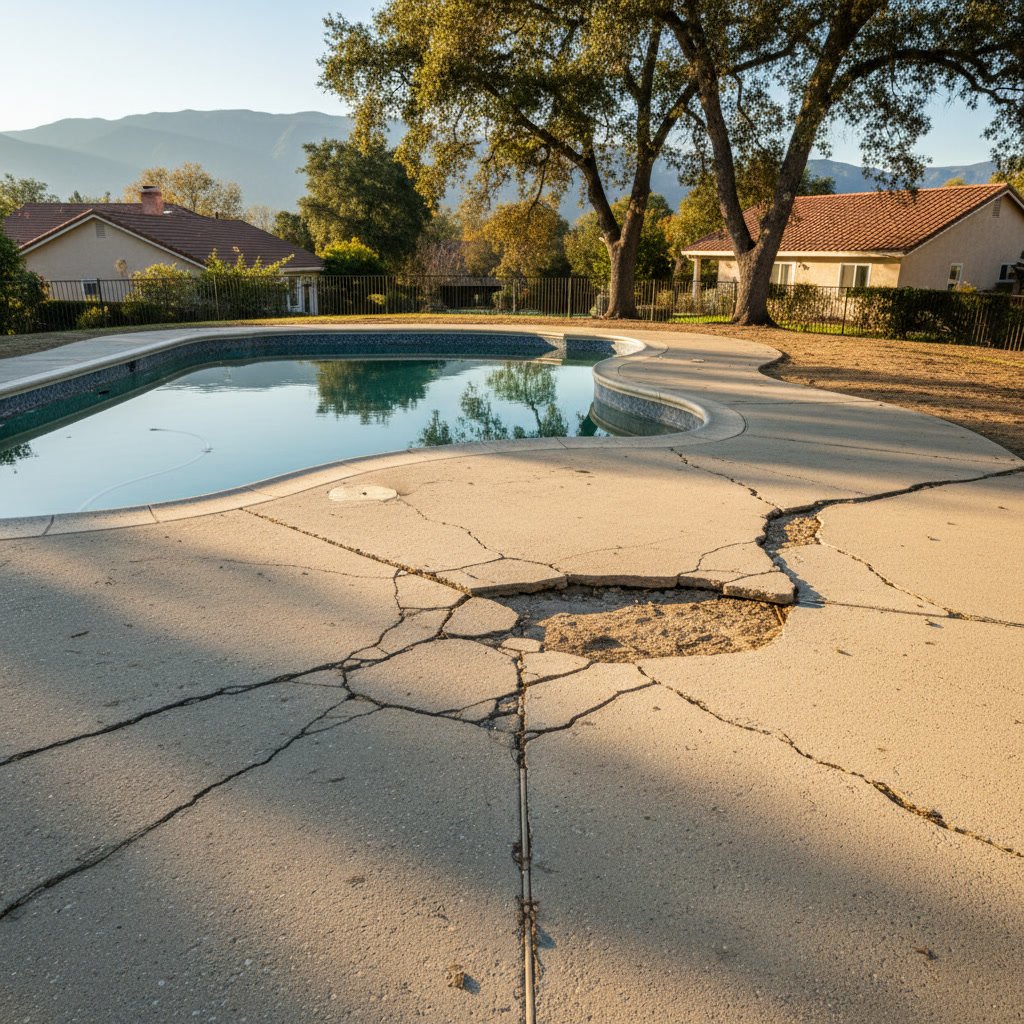 Cracked concrete pool deck surface in Fair Oaks showing settlement damage and surface deterioration