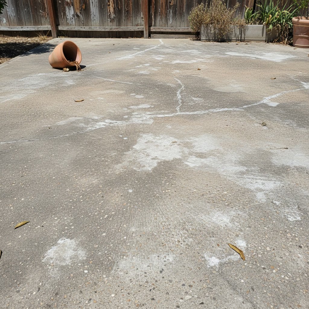 Faded concrete patio before color restoration showing weathered gray surface