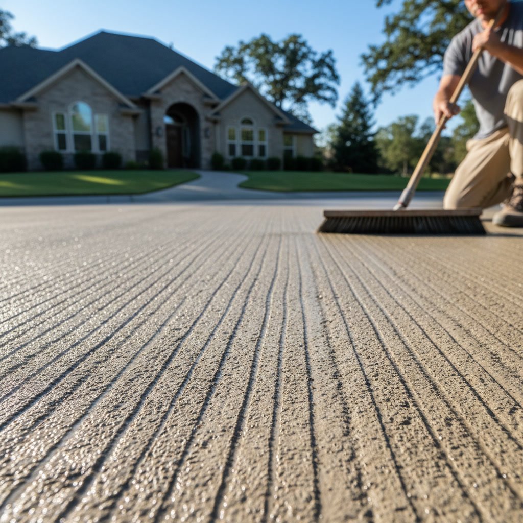 Close-up of broom finish driveway texture showing parallel grooves for traction