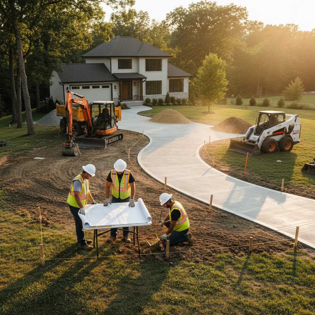 Excavation and site preparation for concrete driveway base
