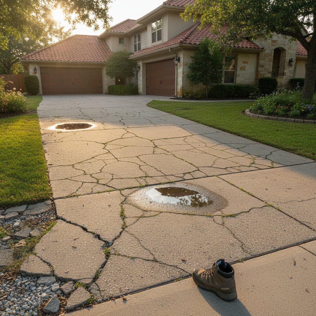 Concrete driveway with surface scaling and minor cracks suitable for resurfacing