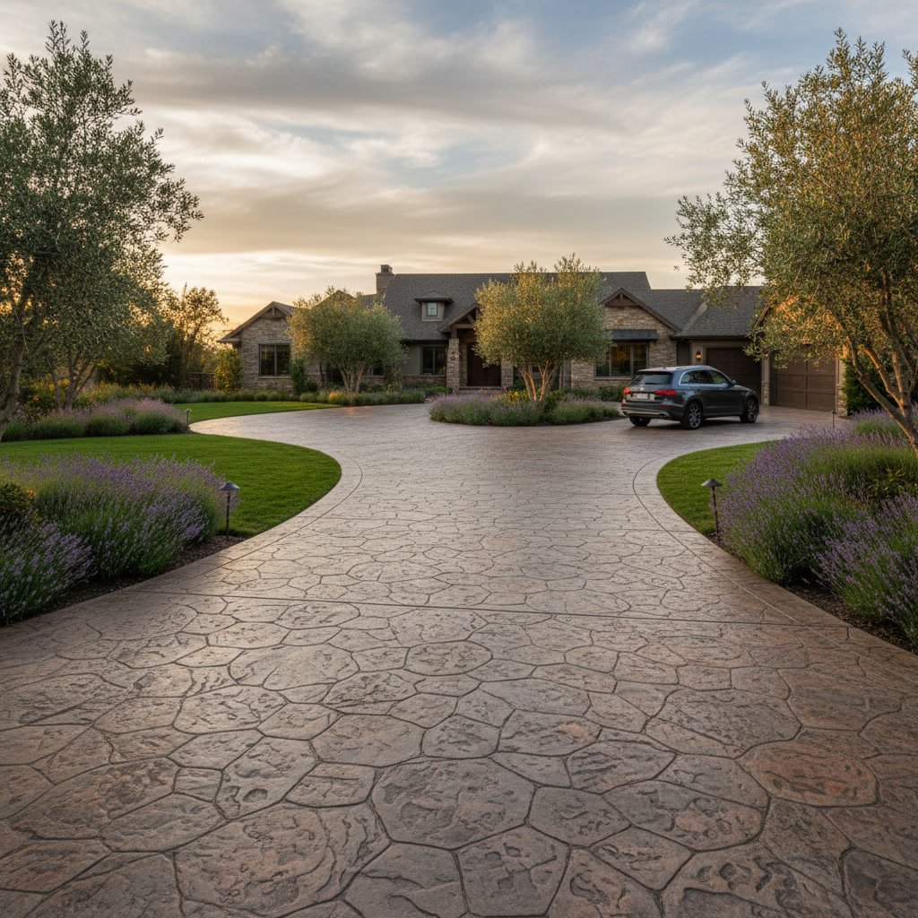 finished stamped concrete driveway in El Dorado Hills with cobblestone pattern