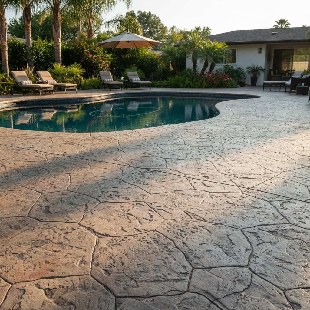Stamped concrete pool deck resurfacing with flagstone pattern in Fair Oaks backyard