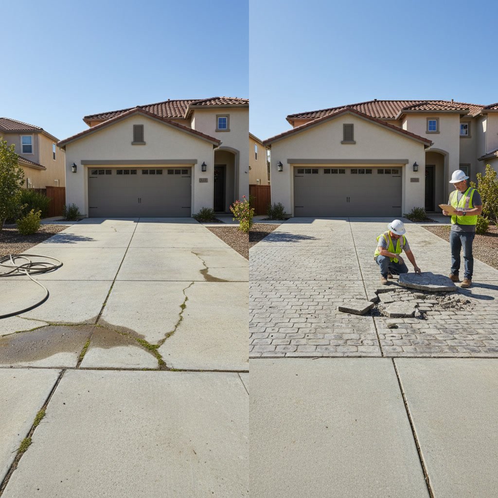 comparison of broom finish and stamped concrete driveway surfaces side by side