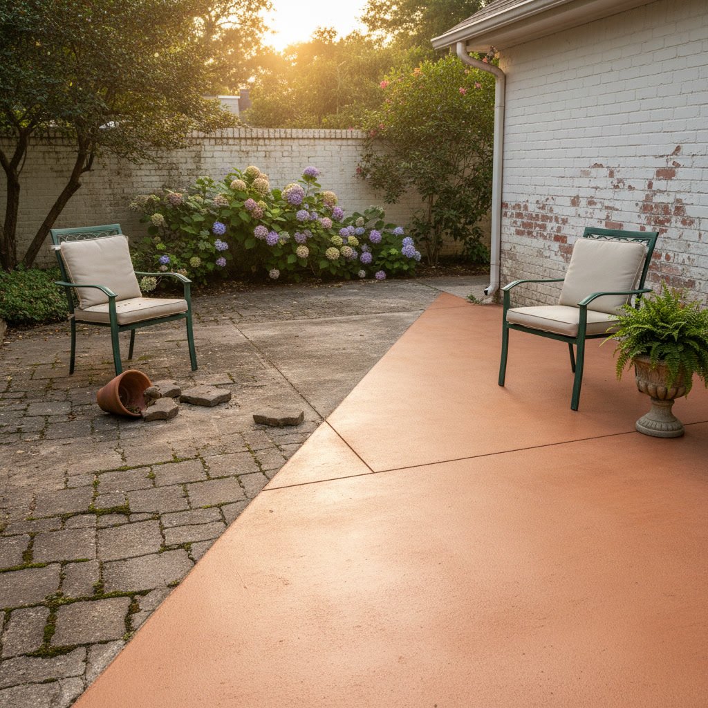 Professional applying concrete color restoration stain to outdoor patio surface