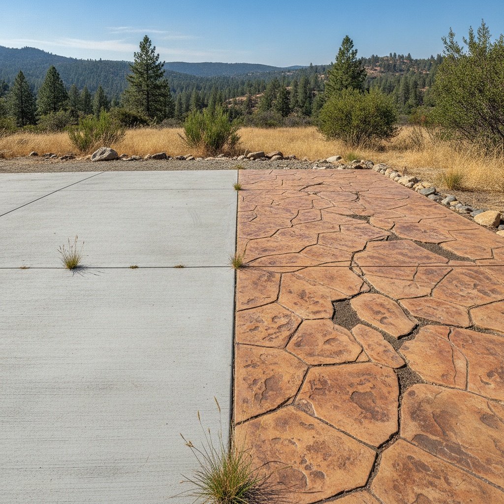 Stamped concrete driveway with decorative brick pattern and warm color tones
