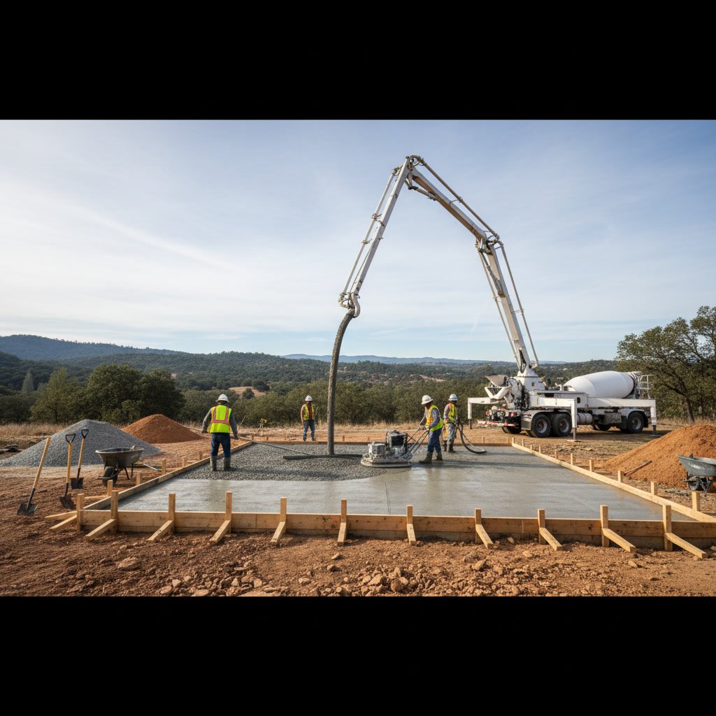 workers finishing concrete driveway surface with tools