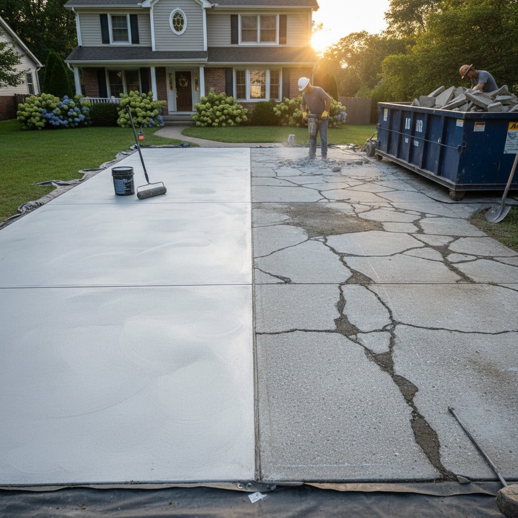 Professional contractor inspecting concrete driveway for resurfacing eligibility