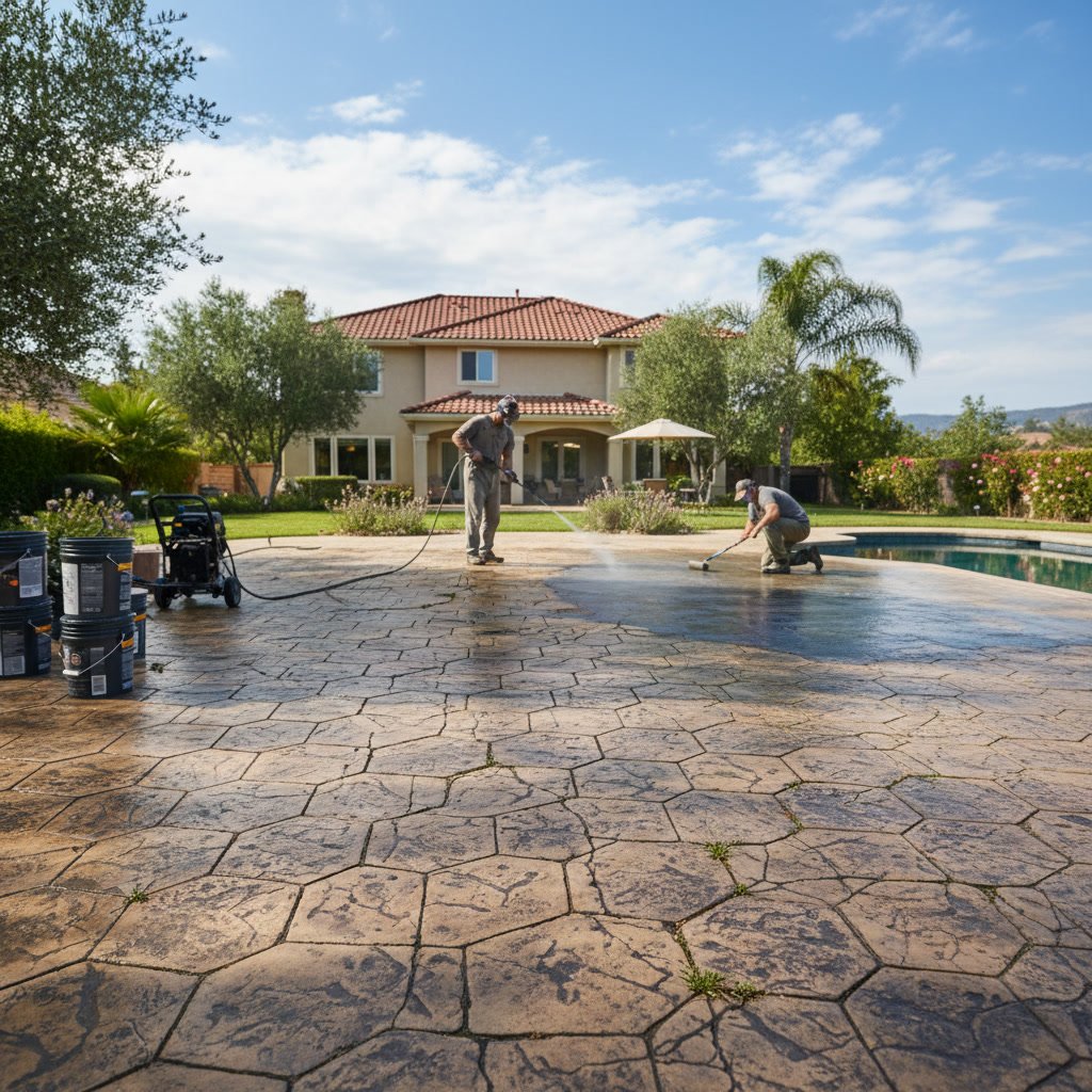sealed stamped concrete pool deck in El Dorado Hills showing protective finish