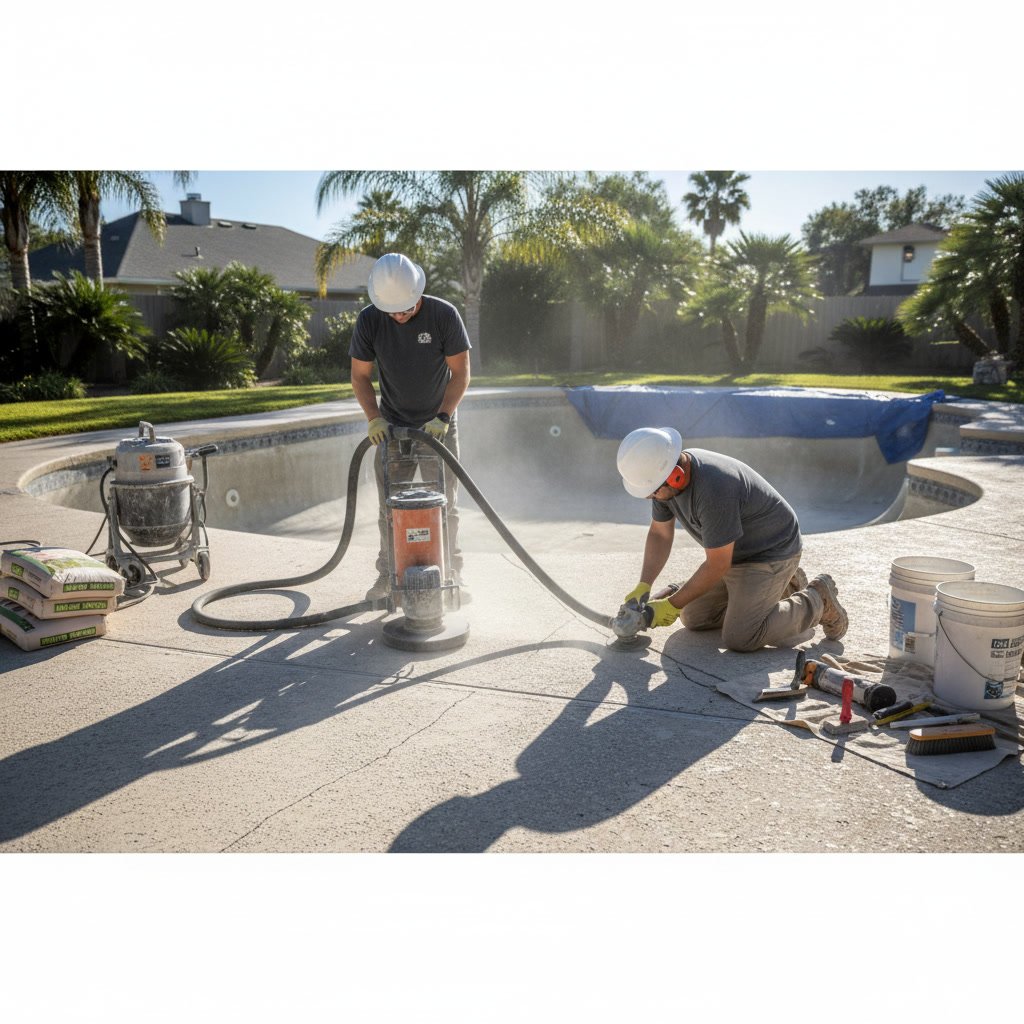 Professional concrete pool deck resurfacing application showing proper surface preparation and overlay install