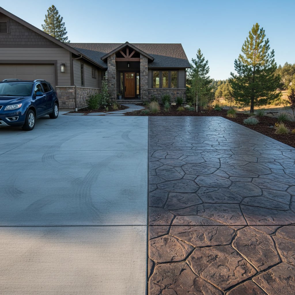 Side-by-side comparison of broom finish and stamped concrete driveway finishes
