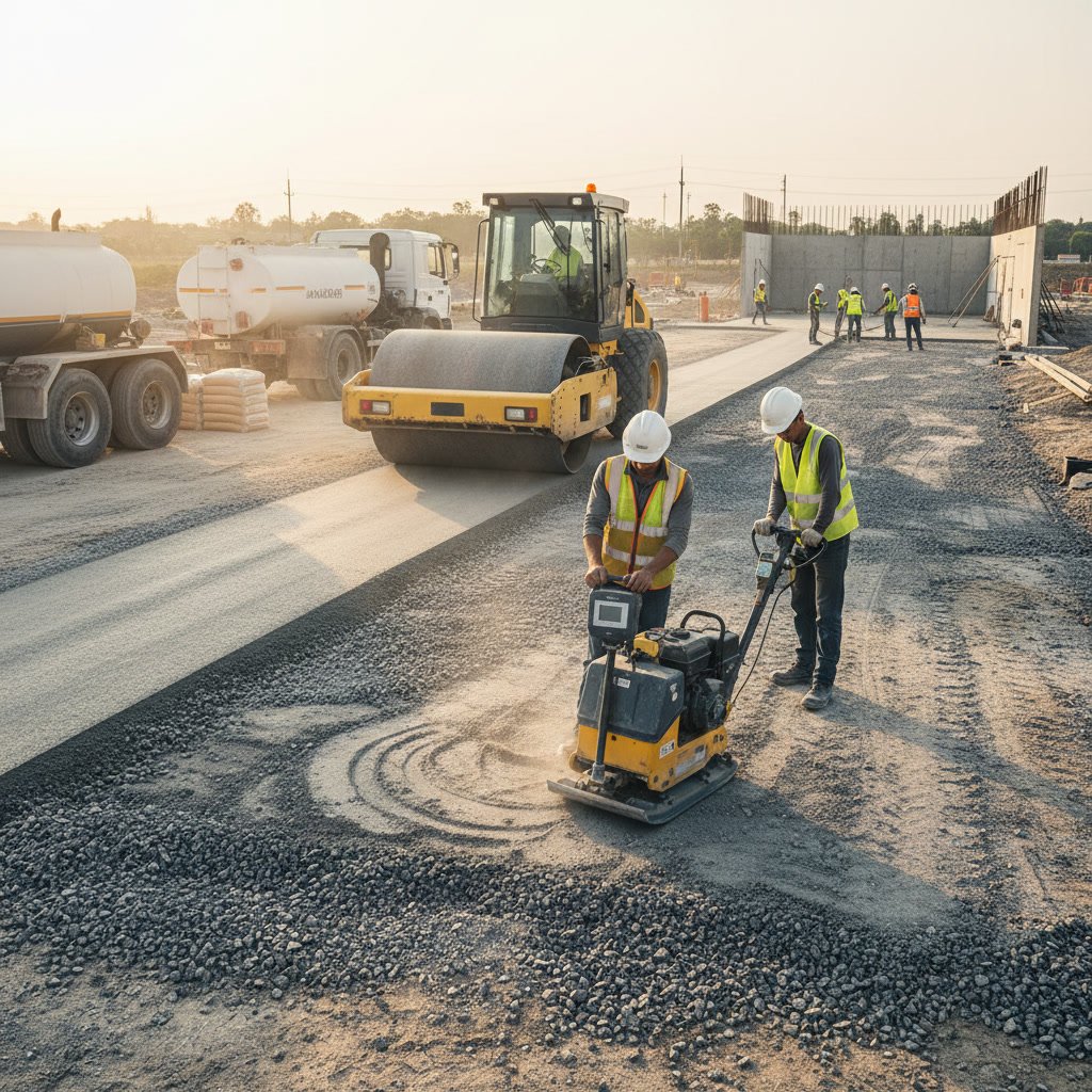 Professional plate compactor preparing gravel base for concrete pour
