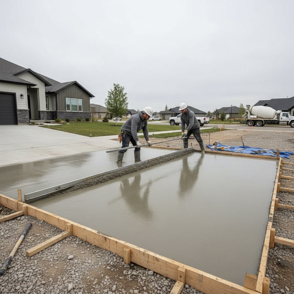 Professional finishing techniques on fresh concrete driveway surface