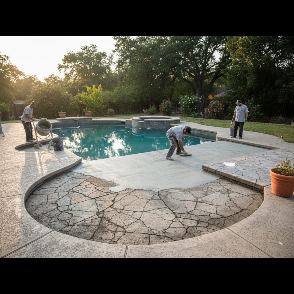 Restored concrete pool deck with decorative finish in Fair Oaks California backyard
