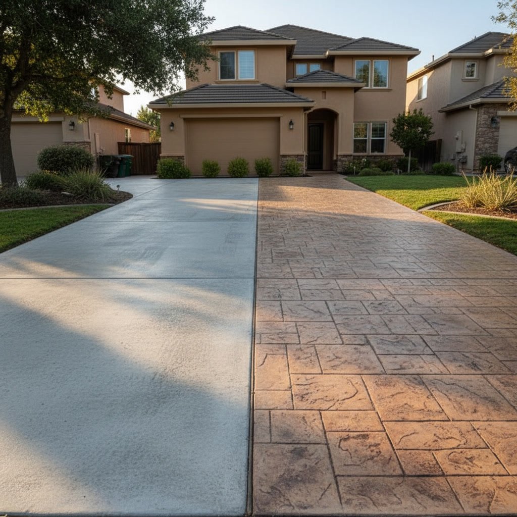 comparison of broom finish and stamped concrete driveways in residential Folsom neighborhood
