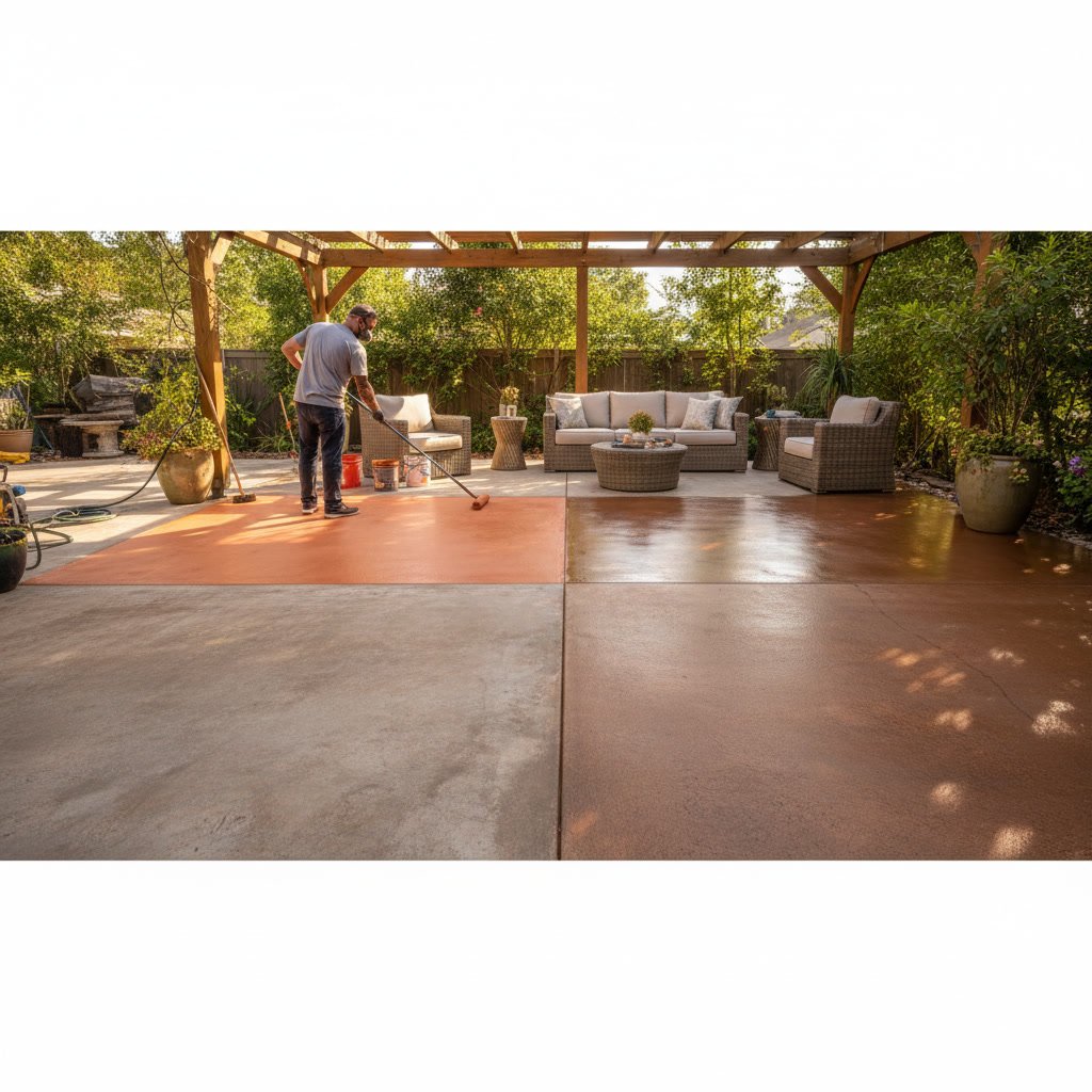 Restored concrete patio with rich single color finish in El Dorado County backyard