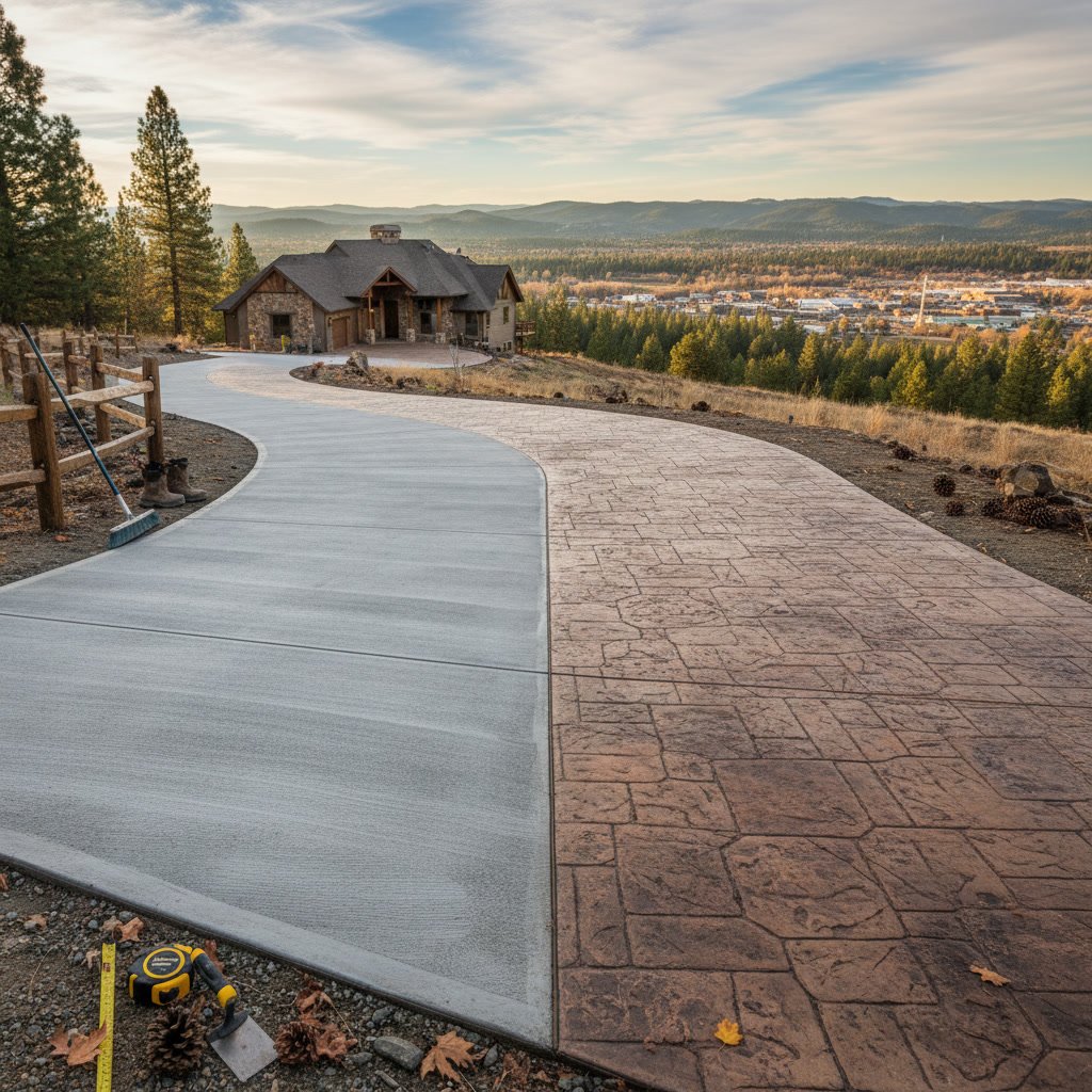 Modern residential driveway comparing broom finish and stamped concrete surfaces in Placerville California