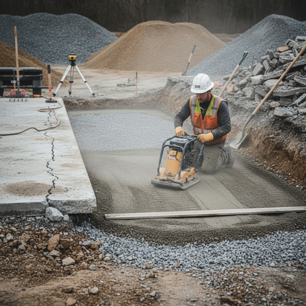 Professional concrete contractor preparing compacted subbase for residential driveway installation