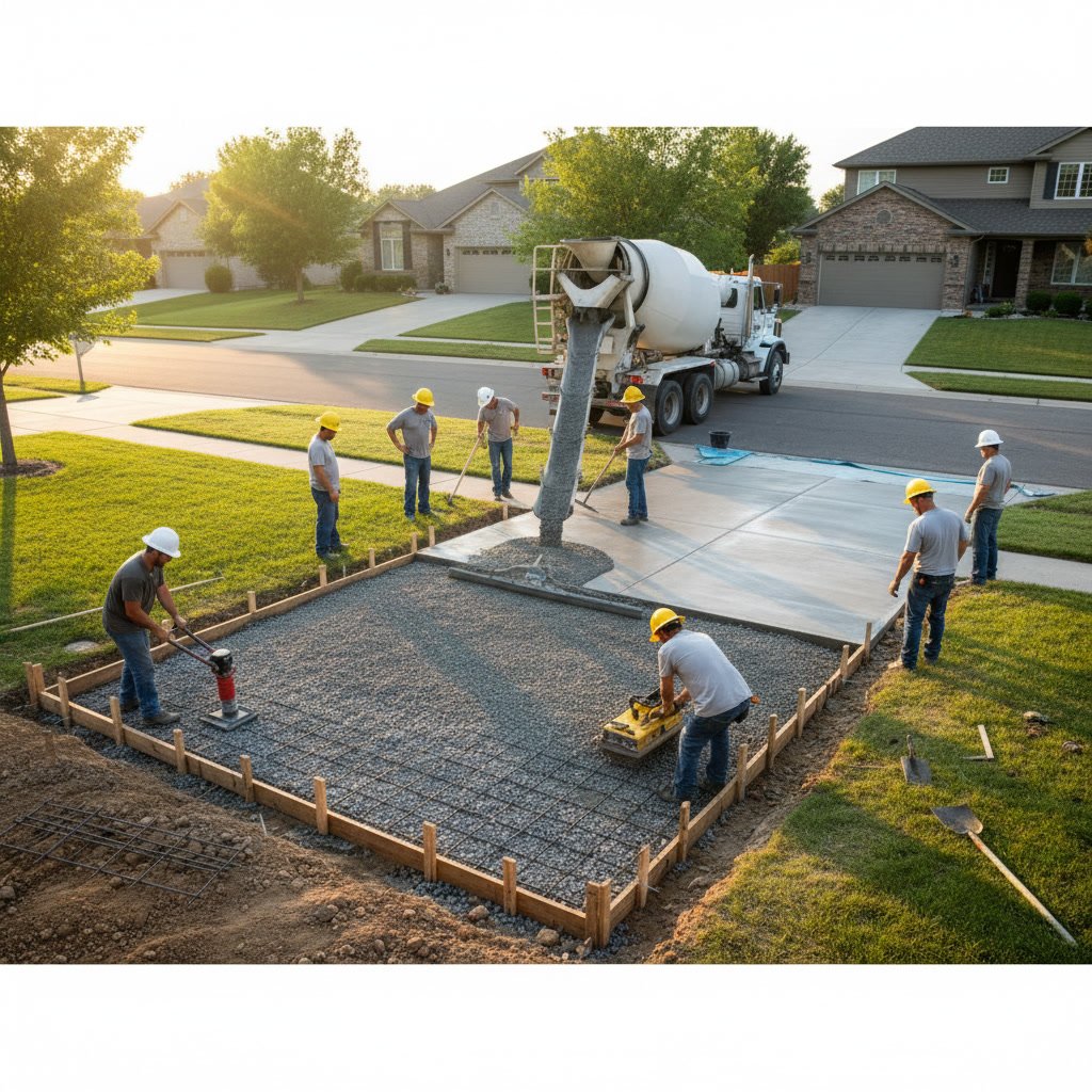 Professional concrete driveway installation in progress with workers spreading fresh concrete