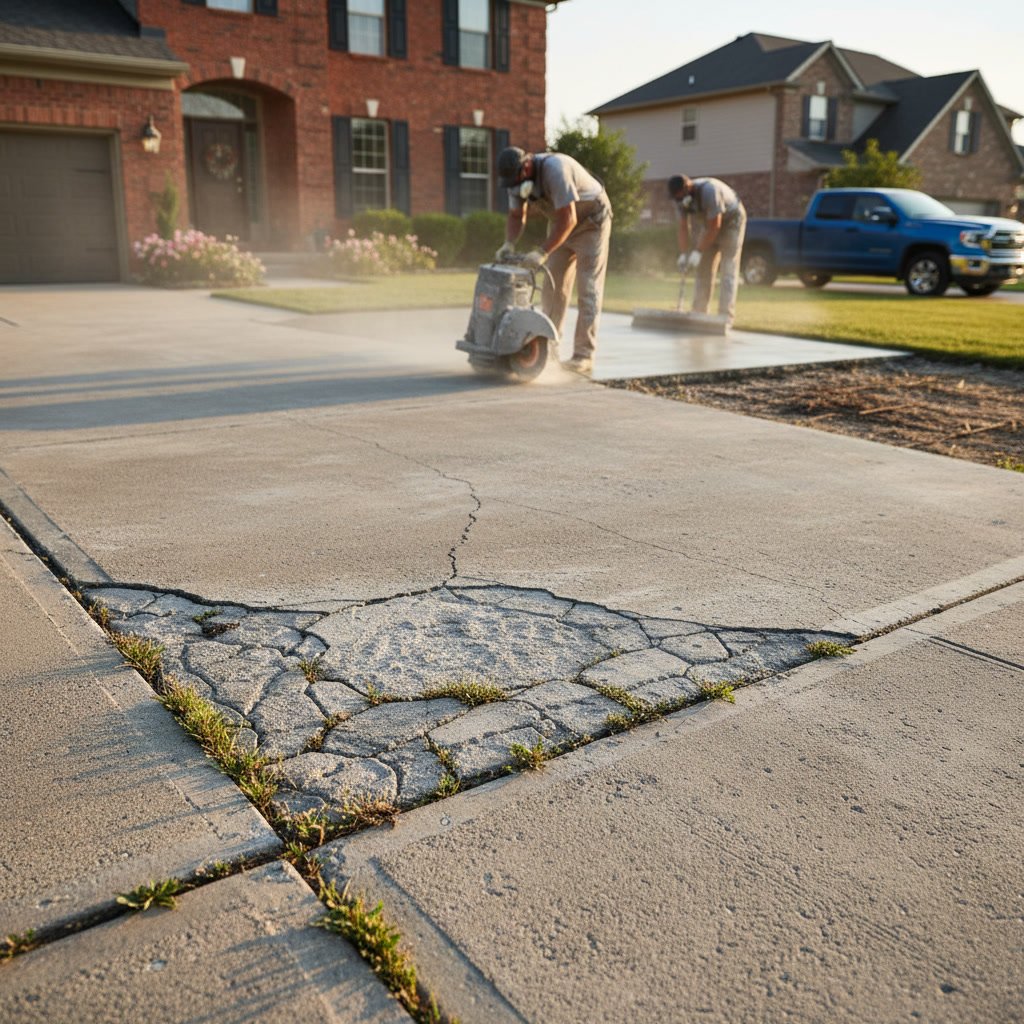 Concrete driveway showing cracks and wear requiring professional evaluation for resurfacing or replacement