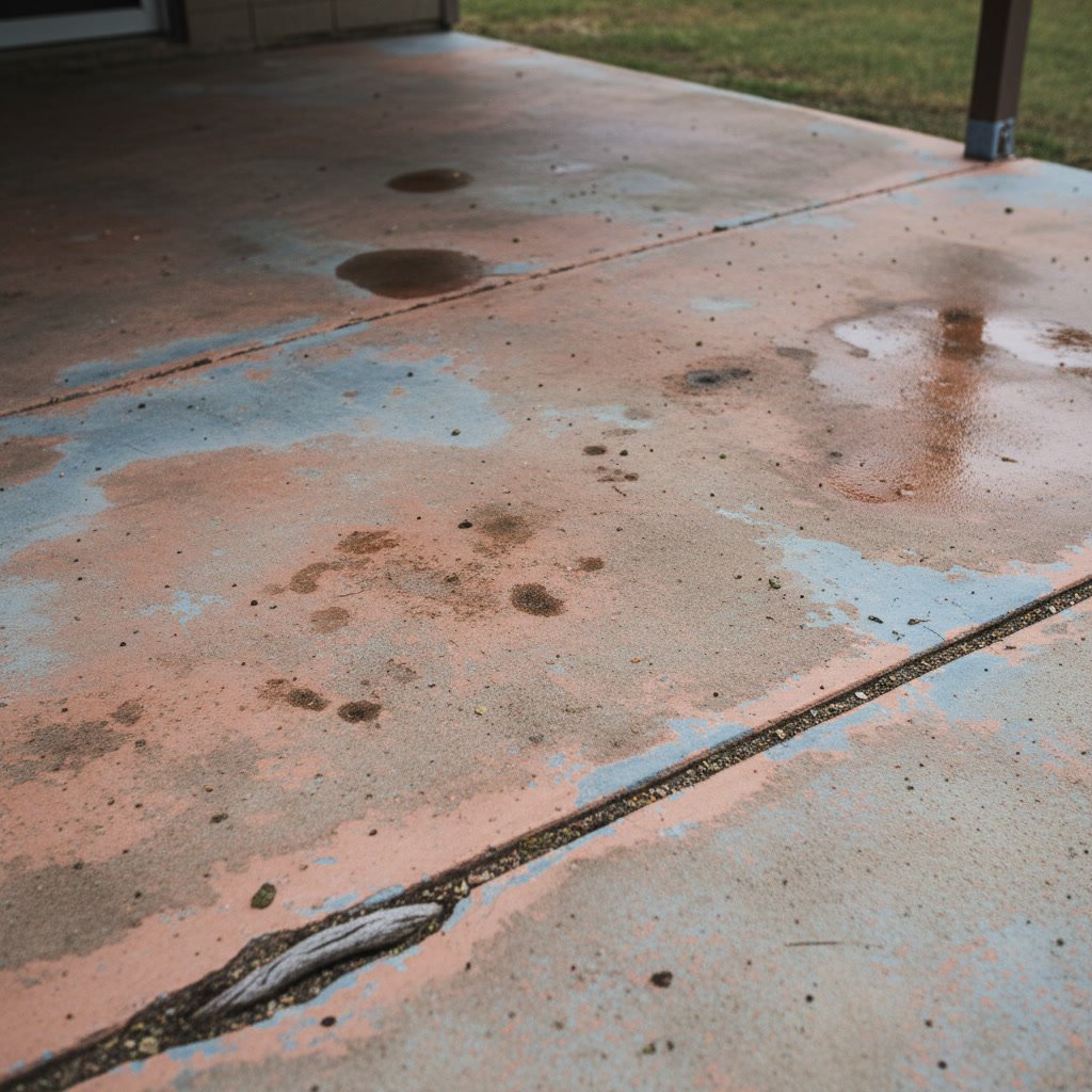 Faded concrete patio showing uneven color and UV damage requiring staining