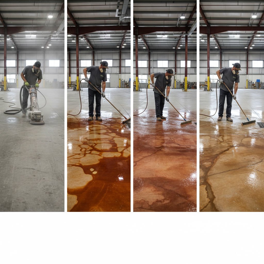Professional applying decorative concrete stain to outdoor walkway surface