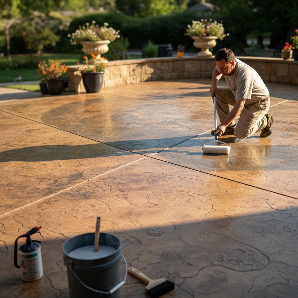 Finished decorative stained concrete patio with natural stone appearance and color variation