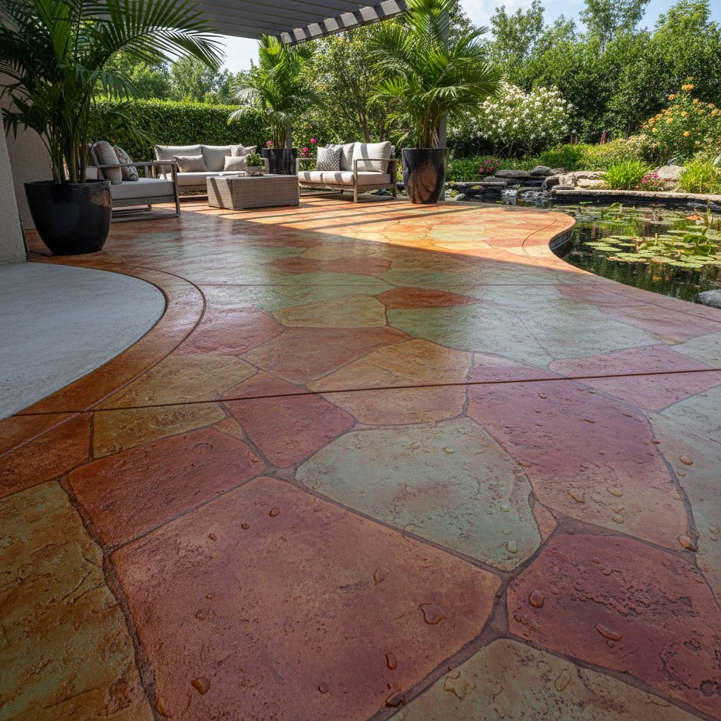 Beautifully stained decorative concrete patio with rich earth tones and natural stone appearance