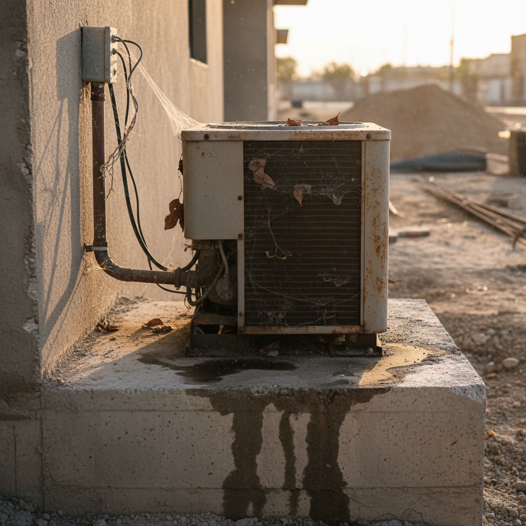 Professional HVAC technician inspecting outdoor air conditioning unit for efficiency problems
