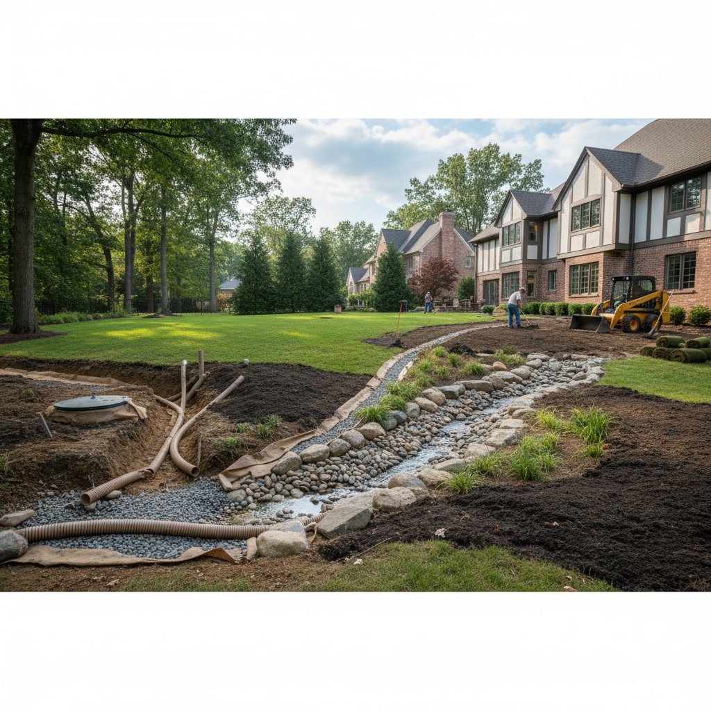 Professional yard grading and drainage work protecting home foundation from flooding