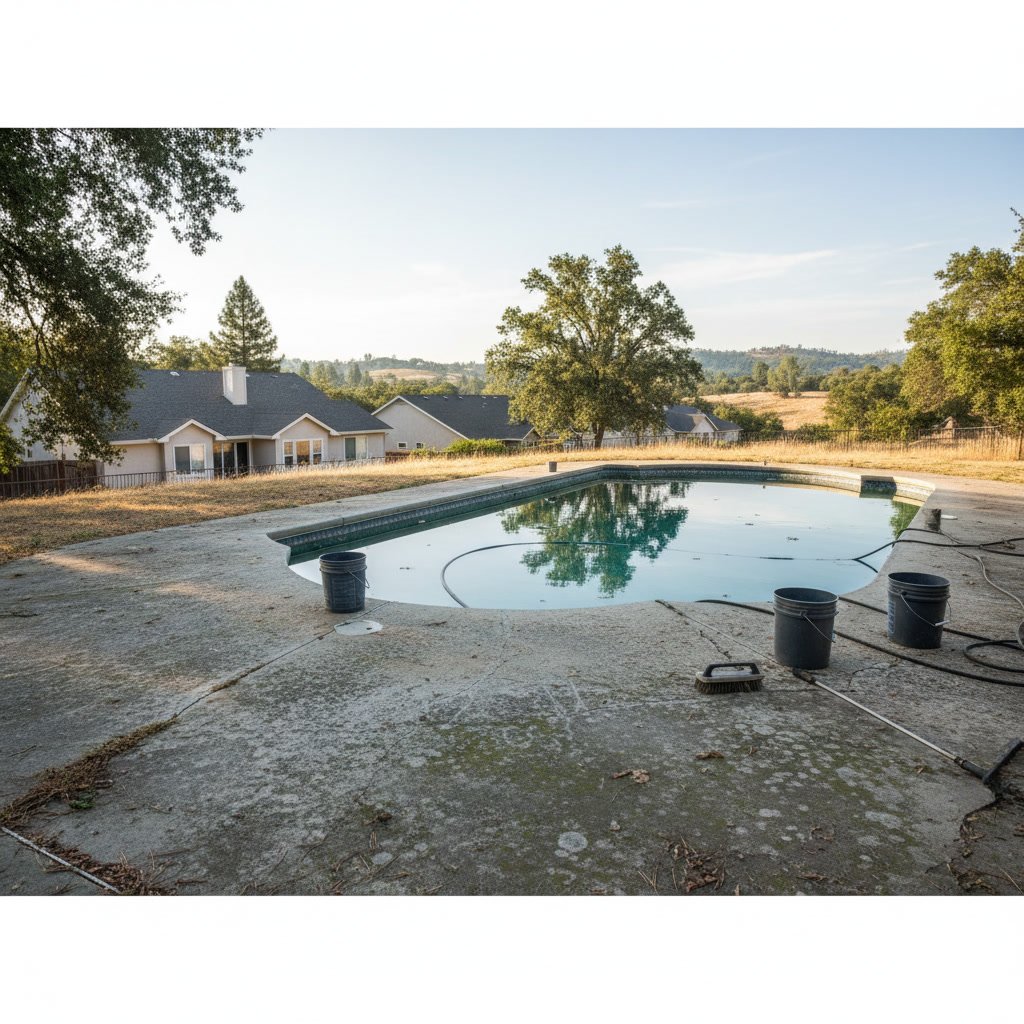 Homeowner cleaning concrete pool deck with pressure washer and mild detergent