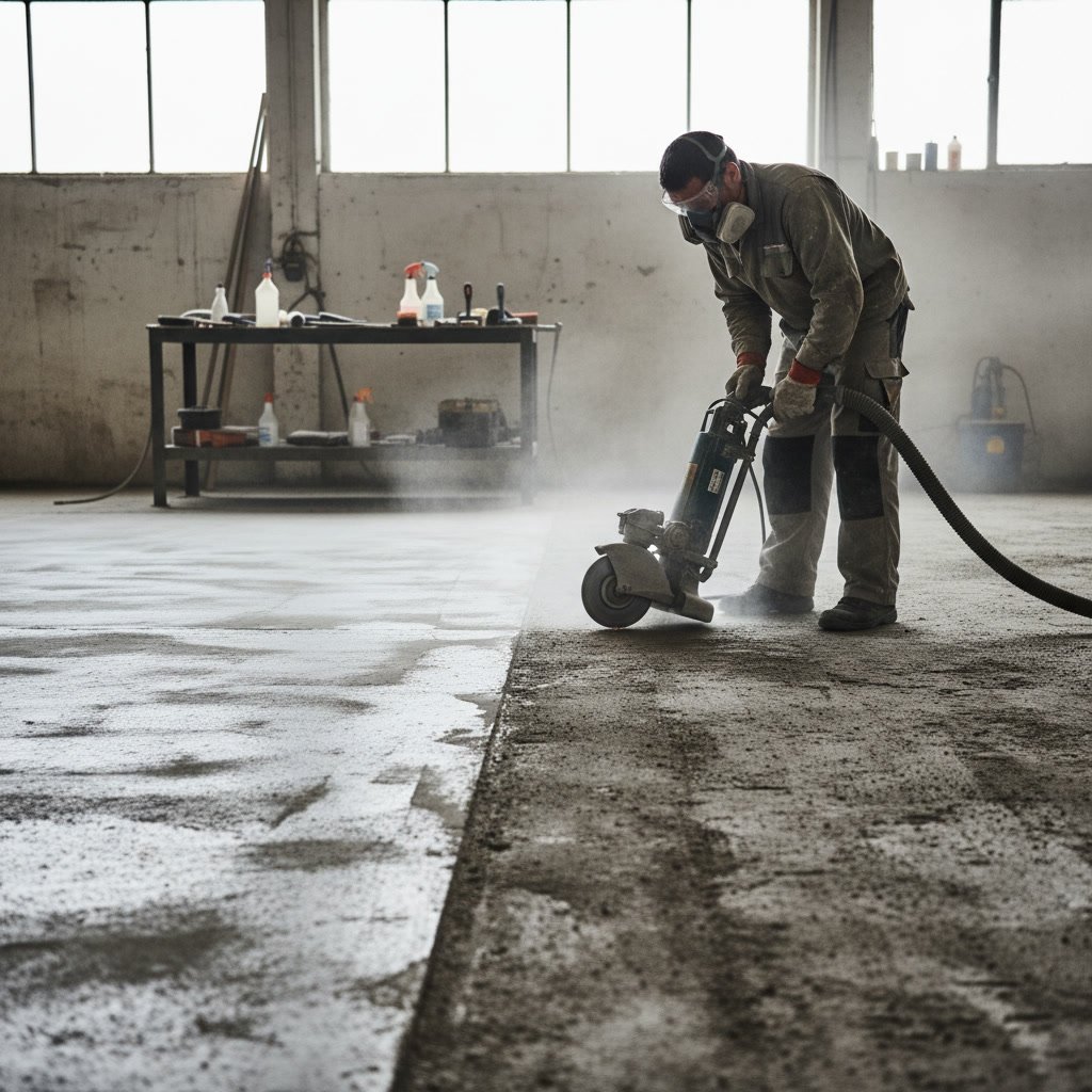 Pressure washing concrete surface during restoration preparation