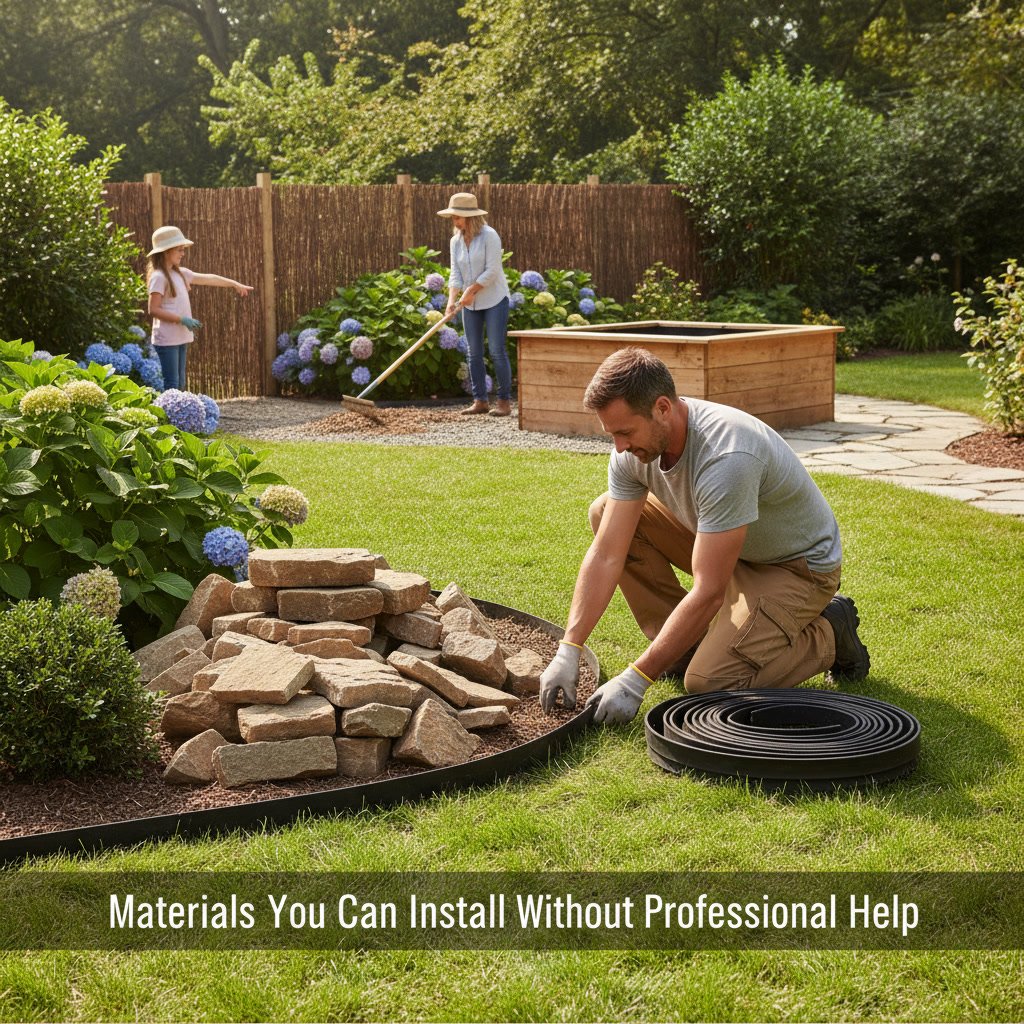 Homeowner installing plastic landscape edging along garden bed border