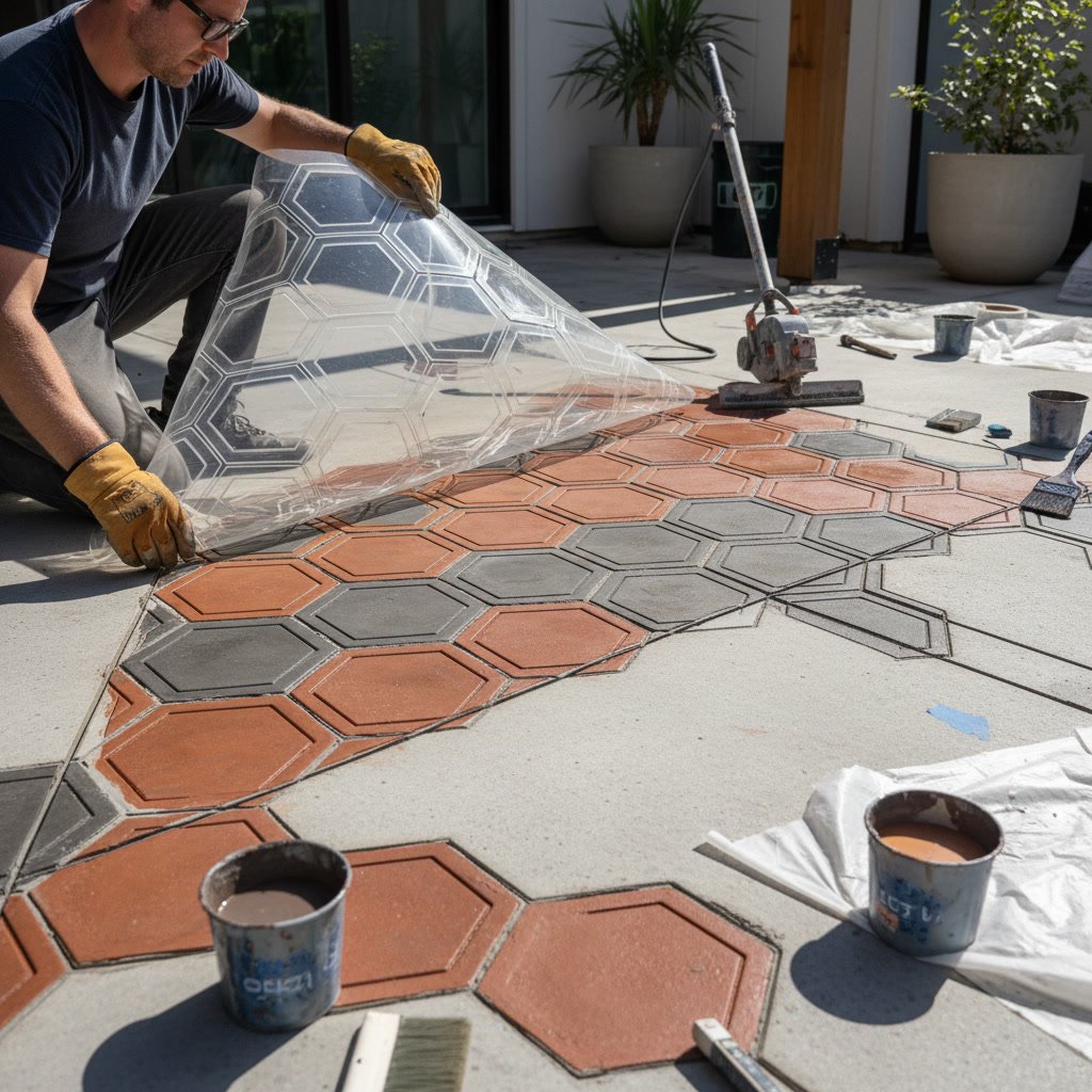 Scored and stained concrete floor with tile pattern and multi-tone color design