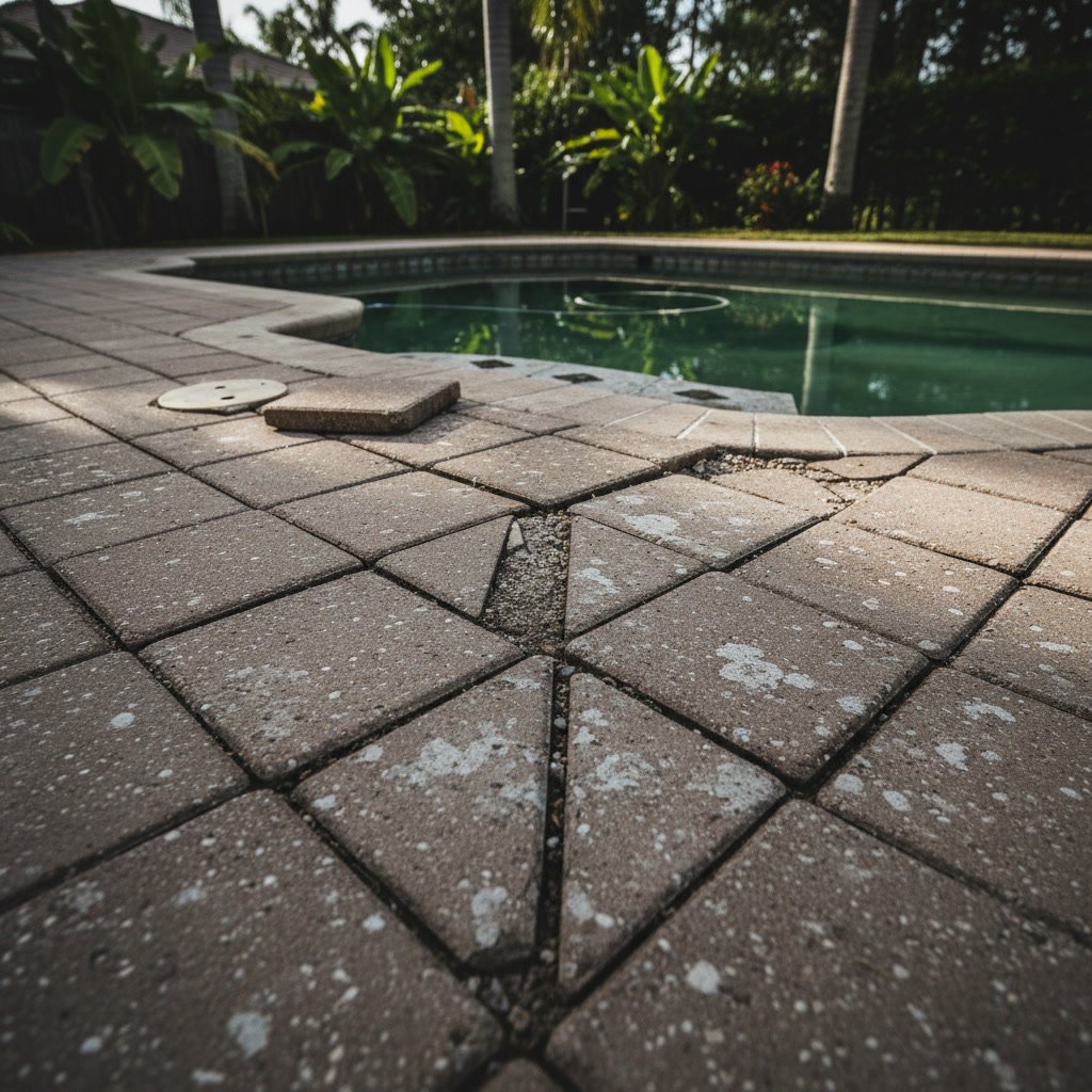 Concrete pool deck showing spalling damage and deep cracks requiring professional restoration