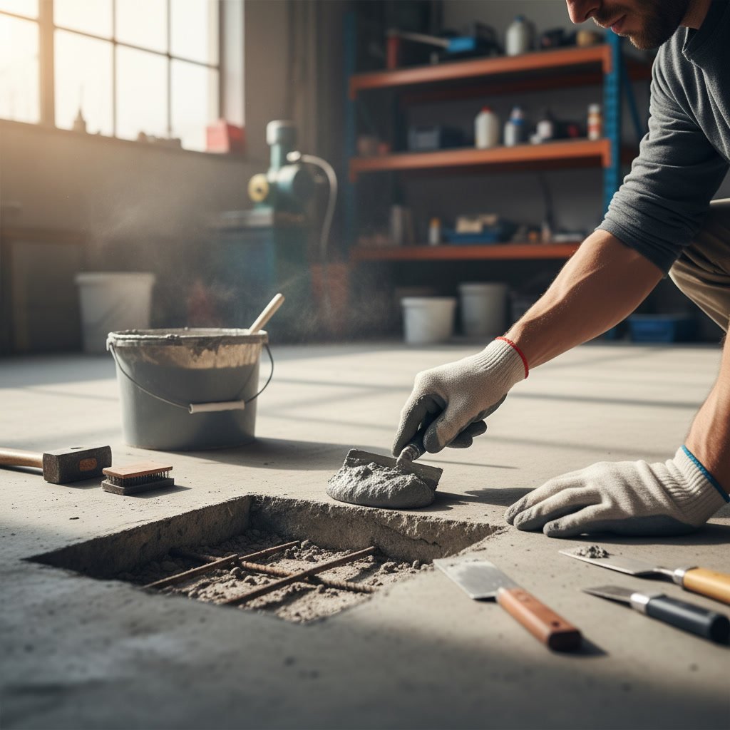 Professional applying repair compound to damaged concrete