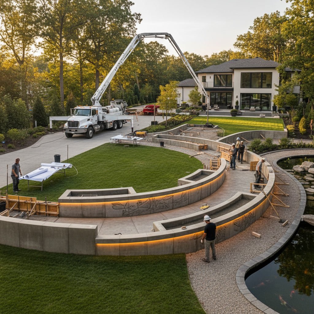 Professional contractor installing poured concrete landscape edging with forms