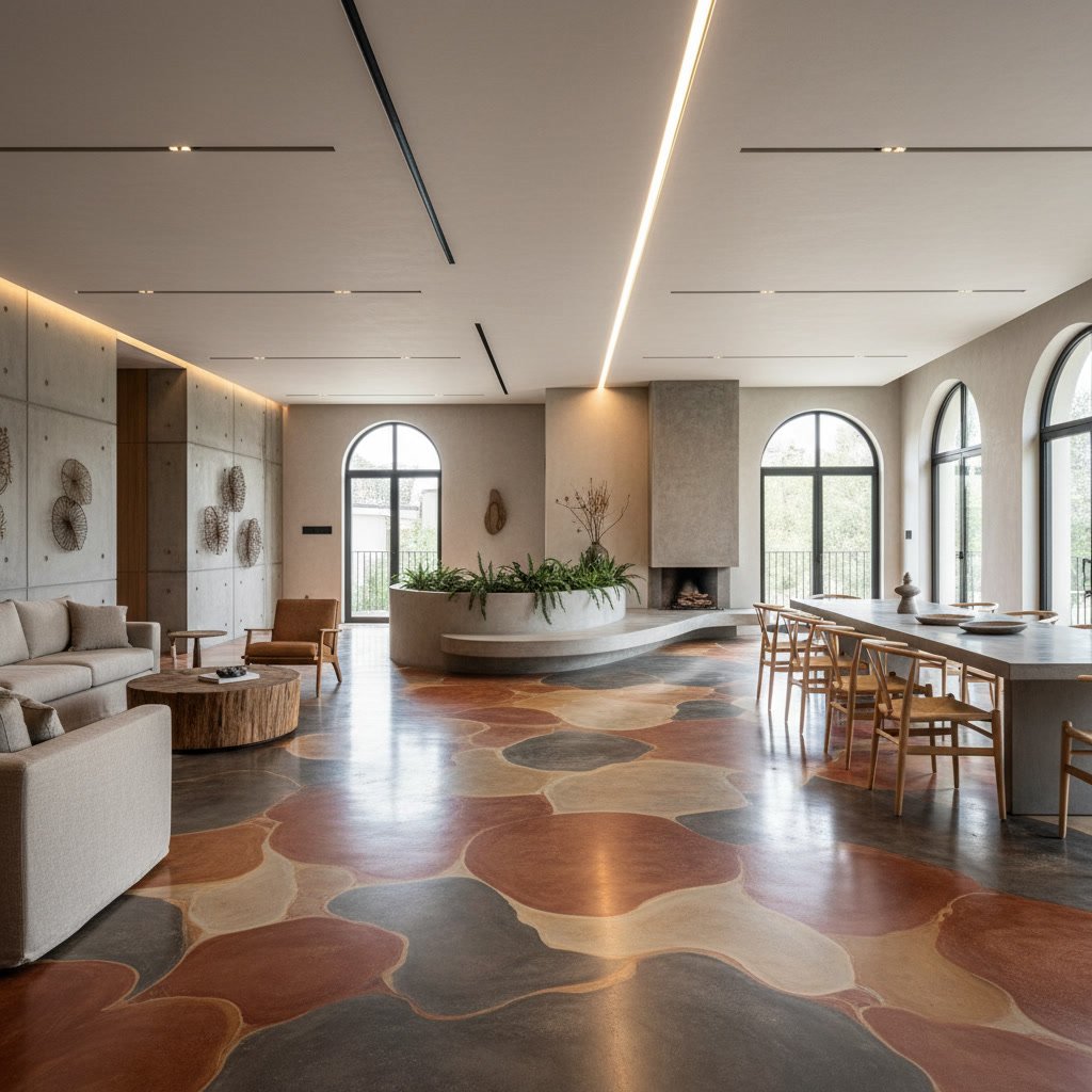 Interior stained concrete floor with custom multi-tone pattern in residential living space