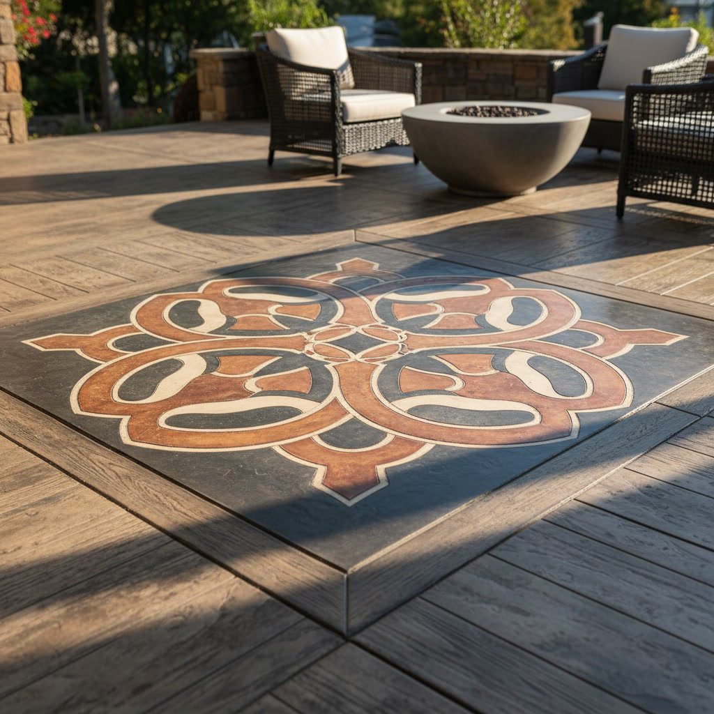 Decorative concrete staining with custom multi-tone patterns and organic color variations on outdoor surface