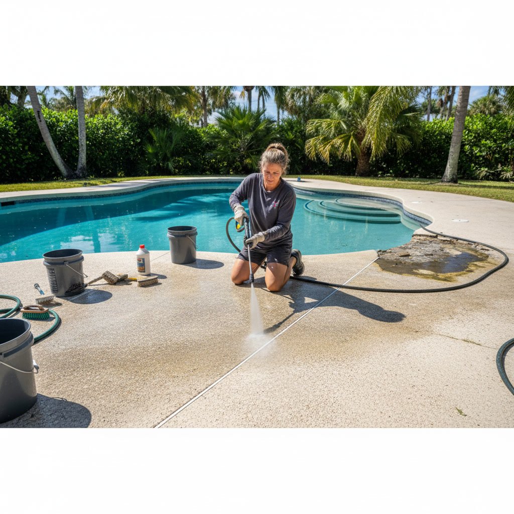 Clean concrete pool deck with modern pool in residential backyard setting
