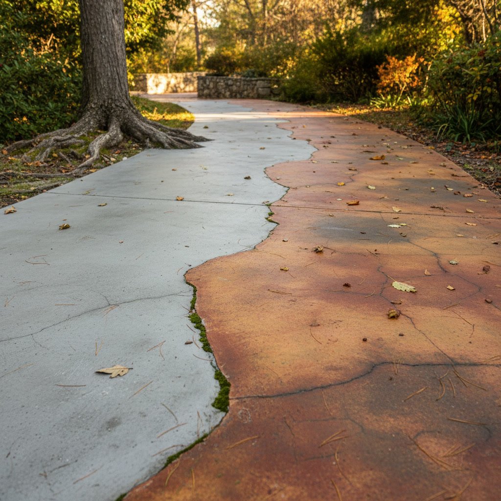 Homeowner inspecting longevity of single color restored concrete patio surface