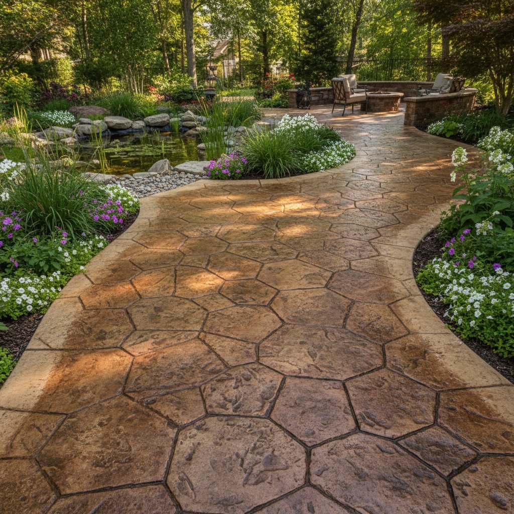 stamped concrete walkway with natural stone pattern and color