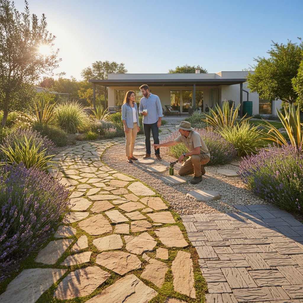 custom concrete walkway leading through landscaped residential yard
